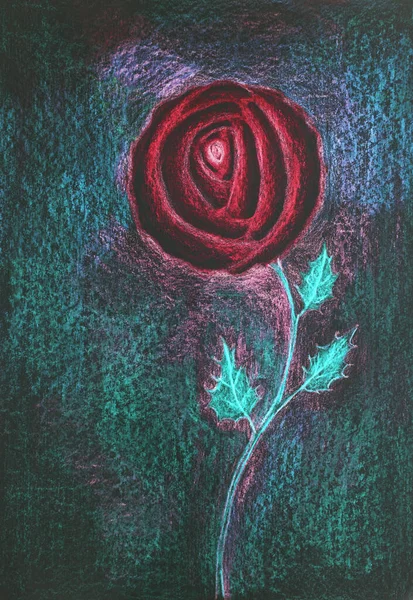 Red rose drawing on a dark blue background. The dabbing technique near the edges gives a soft focus effect due to the altered surface roughness of the paper.
