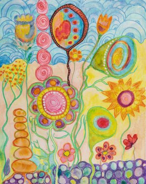 Colorful hippie doodle of whimsical flowers. The dabbing technique near the edges gives a soft focus effect due to the altered surface roughness of the paper. clipart