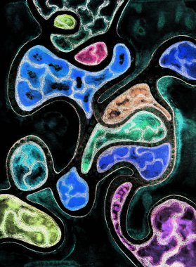 Siyah arka planı olan soyut kozmik metalik karalama. Kenarlara yakın dokunmatik tekniği kağıdın değişmiş yüzey pürüzü nedeniyle yumuşak bir odak etkisi verir.