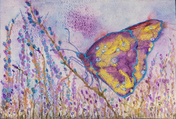 Lavanta Tarlasında Altın Kelebek Kenarlara Yakın Dokunmatik Tekniği Kağıdın Değişmiş — Stok fotoğraf