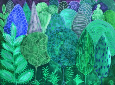 Soyut karalanmış ağaçların coşkulu psikedelik hali. Kenarlara yakın dokunmatik tekniği kağıdın değişmiş yüzey pürüzü nedeniyle yumuşak bir odak etkisi verir.