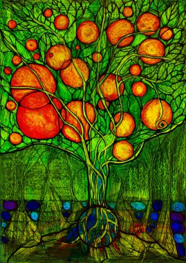 Neurographic green tree of life with oranges and a lot of roots. The dabbing technique near the edges gives a soft focus effect due to the altered surface roughness of the paper. clipart