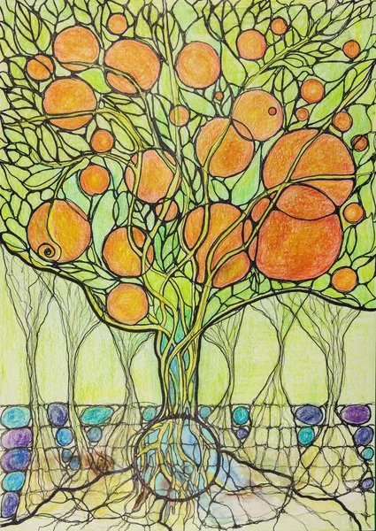 Élet Neurográfiai Zöld Fája Narancsokkal Tapadási Technika Szélek Közelében Puha — Stock Fotó