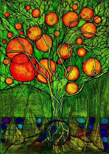Neurografiskt Grönt Livets Träd Med Apelsiner Och Många Rötter Dabbtekniken — Stockfoto