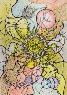 Mandala evrenin akışına bağlandı. Kenarlara yakın dokunmatik tekniği kağıdın değişmiş yüzey pürüzü nedeniyle yumuşak bir odak etkisi verir.