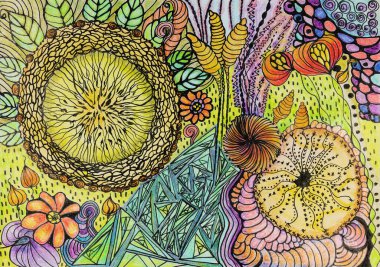 Güzel bir bahçenin karalama fantezisi. Kenarlara yakın dokunmatik tekniği kağıdın değişmiş yüzey pürüzü nedeniyle yumuşak bir odak etkisi verir