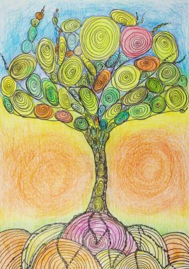 Girdaplı renkli bir hayat ağacı. Kenarlara yakın dokunmatik tekniği kağıdın değişmiş yüzey pürüzü nedeniyle yumuşak bir odak etkisi verir.