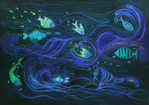 Geceleri Saykodelik Balıklar Kenarlara Yakın Dokunmatik Tekniği Kağıdın Değişmiş Yüzey — Stok fotoğraf
