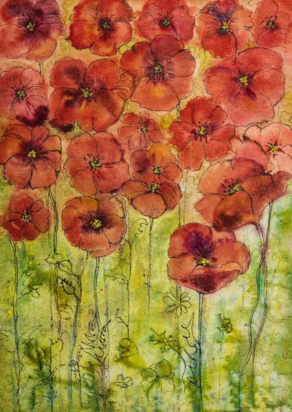 Poppies Field Doodled Watercolor Dabbing Technique Edges Gives Soft Focus — Stock Photo, Image