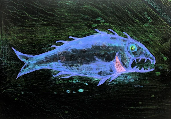 Yeşil Sudaki Saykodelik Büyük Mavi Balık Kenarlara Yakın Dokunmatik Tekniği — Stok fotoğraf