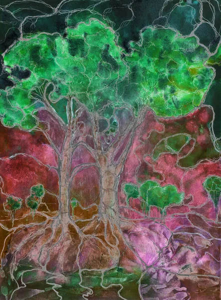 Árvores Neurográficas Tinta Metálica Técnica Dabbing Perto Das Bordas Efeito — Fotografia de Stock