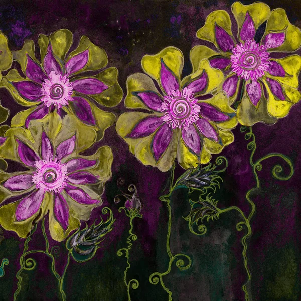 Fleurs Dorées Psychédéliques Avec Fond Violet Foncé Technique Tamponnage Près — Photo