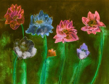 Gece vakti nilüfer çiçekleri. Kenarlara yakın dokunmatik tekniği kağıdın değişmiş yüzey pürüzü nedeniyle yumuşak bir odak etkisi verir.