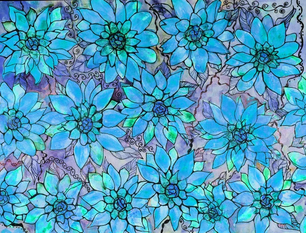 Doodle Dekoracyjnych Niebieskich Kwiatów Technika Dabbing Pobliżu Krawędzi Daje Miękki — Zdjęcie stockowe