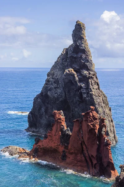 stock image Brightly colored steep cliffs rising up from the ocean at the Ponta de Sao Lourenco, the most eastern tip of Madeira