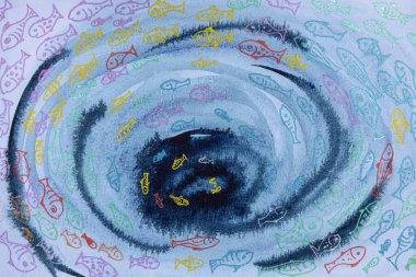 Girdap içinde balık sürüsü. Kenarlara yakın dokunmatik tekniği kağıdın değişmiş yüzey pürüzü nedeniyle yumuşak bir odak etkisi verir.