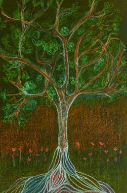 Gecenin karanlığında renkli kökleri olan bir ağaç. Kenarlara yakın dokunmatik tekniği kağıdın değişmiş yüzey pürüzü nedeniyle yumuşak bir odak etkisi verir.