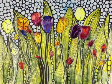 Süslü laleler, karalanmış yapraklar ve puantiyeli. Kenarlara yakın dokunmatik tekniği kağıdın değişmiş yüzey pürüzü nedeniyle yumuşak bir odak etkisi verir.