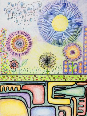 Soyut bir bahçede karalamalar. Kenarlara yakın dokunmatik tekniği kağıdın değişmiş yüzey pürüzü nedeniyle yumuşak bir odak etkisi verir.