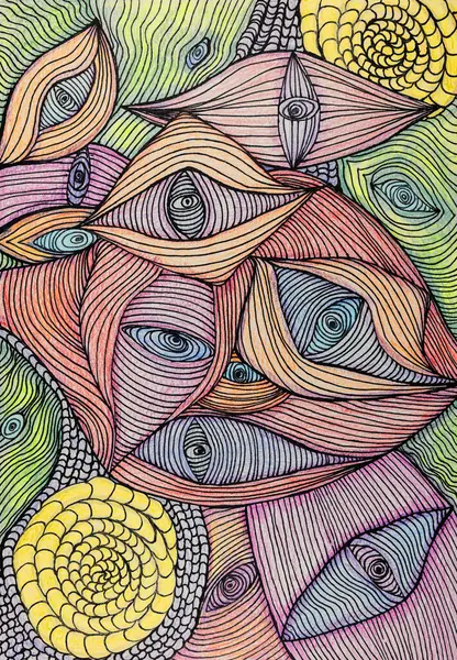 Abstract colorful line art drawing with eyes. The dabbing technique near the edges gives a soft focus effect due to the altered surface roughness of the paper.