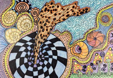 Psikedelik doğayı, mantarı, çiçekleri emer. Kenarlara yakın dokunmatik tekniği kağıdın değişmiş yüzey pürüzü nedeniyle yumuşak bir odak etkisi verir.