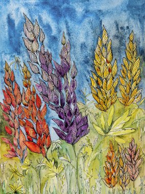 Düşük bir perspektiften Lupines boyası. Kenarlara yakın dokunmatik tekniği kağıdın değişmiş yüzey pürüzü nedeniyle yumuşak bir odak etkisi verir.