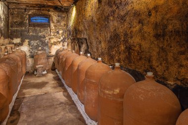 Şarap, Montevideo 'nun kuzeyinde Canelones yakınlarında bir şarap mahzeninde taş kavanozlarda yaşlanıyor.