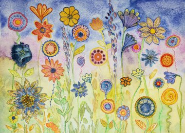 Renkli çiçekli tuhaf bir bahçe. Kenarlara yakın dokunmatik tekniği kağıdın değişmiş yüzey pürüzü nedeniyle yumuşak bir odak etkisi verir.