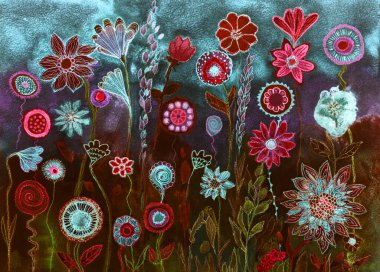 Renkli çiçekli psikedelik bahçe. Kenarlara yakın dokunmatik tekniği kağıdın değişmiş yüzey pürüzü nedeniyle yumuşak bir odak etkisi verir.