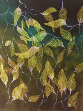 Floresan katman yaprakları, pshychedelic çizimler. Kenarlara yakın dokunmatik tekniği kağıdın değişmiş yüzey pürüzü nedeniyle yumuşak bir odak etkisi verir.