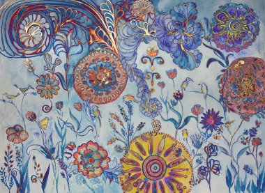 Kuşlar, çiçekler ve mavi arka planlı süs bahçesi. Kenarlara yakın dokunmatik tekniği kağıdın değişmiş yüzey pürüzü nedeniyle yumuşak bir odak etkisi verir.