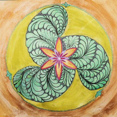 Hayatın çiçeği, mandala, geometrik bir dairede yaprakları olan. Kenarlara yakın dokunmatik tekniği kağıdın değişmiş yüzey pürüzü nedeniyle yumuşak bir odak etkisi verir.