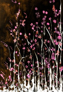Geceleri psikedelik sakura pembe çiçekler. Kenarlara yakın dokunmatik tekniği kağıdın değişmiş yüzey pürüzü nedeniyle yumuşak bir odak etkisi verir.