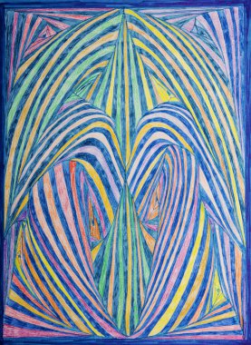 Mavi kalem ve mürekkeple renkli soyut geometrik çizim. Kenarlara yakın dokunmatik tekniği kağıdın değişmiş yüzey pürüzü nedeniyle yumuşak bir odak etkisi verir.