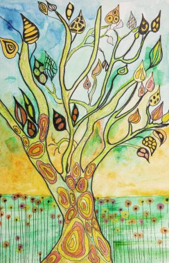 Dekoratif elementlerle dolu bir ağaç. Kenarlara yakın dokunmatik tekniği kağıdın değişmiş yüzey pürüzü nedeniyle yumuşak bir odak etkisi verir.