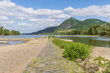 Bad Honnef 'teki Grafenwerth Adası' ndaki Ren Nehri 'nin arka planında Drachenfels' ler vardı.