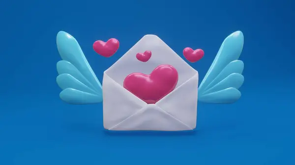 3d illustration of heart envelope with blue wings on blue background