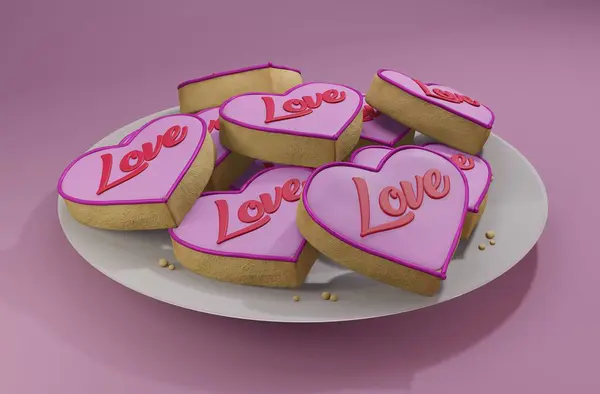 3d illustration plate of baked heart shaped cookies covered with caramel on pink background