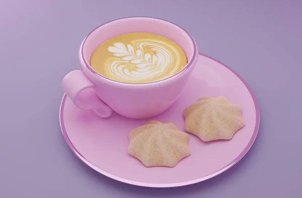 Pink cup of coffee latte and cookies on light background 3d rendering