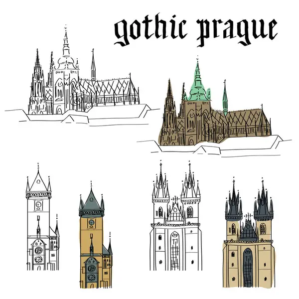 Gotik Prag. Tyn 'den önce Meryem Ana Kilisesi (Tynsky chram). Eski kasaba meydanı. Orloj - Astronomik Saat (Prazsky orloj). Prag Kalesi (Prazsky Hrad). Prag 'da. Çek Cumhuriyeti.