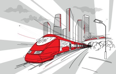Bir şehir ve ulaşım tasviri. Tren demiryolunda dinamik bir şekilde hareket ediyor. Kemer köprüsü. Sokak lambası. Modern büyük şehir, gökdelenler. Beyaz arka planda siyah çizgiler. Vektör 