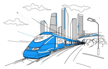 Bir şehir ve ulaşım tasviri. Tren demiryolunda dinamik bir şekilde hareket ediyor. Kemer köprüsü. Sokak lambası. Modern büyük şehir, gökdelenler. Beyaz arka planda siyah çizgiler. Vektör 