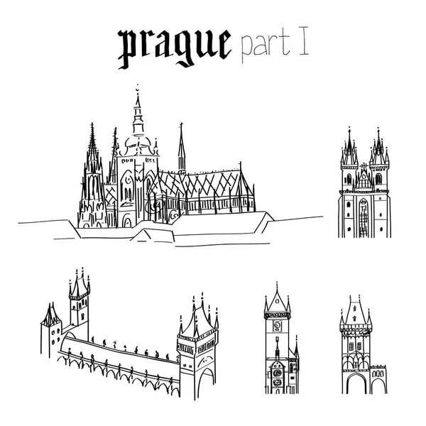 Prag 'ın mimarisi, I. Tyn Kilisesi, Charles Köprüsü, St. Vitus Katedrali, Toz Kulesi, Orloj astronomik saati.