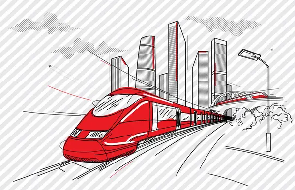 Bir şehir ve ulaşım tasviri. Tren demiryolunda dinamik bir şekilde hareket ediyor. Kemer köprüsü. Sokak lambası. Modern büyük şehir, gökdelenler. Beyaz arka planda siyah çizgiler. Vektör 