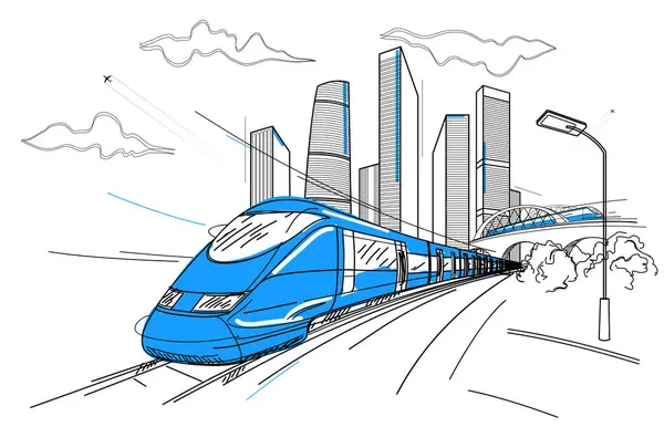 Bir şehir ve ulaşım tasviri. Tren demiryolunda dinamik bir şekilde hareket ediyor. Kemer köprüsü. Sokak lambası. Modern büyük şehir, gökdelenler. Beyaz arka planda siyah çizgiler. Vektör 