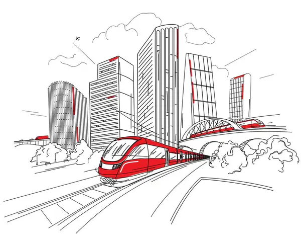 Bir şehir ve ulaşım tasviri. Tren demiryolunda dinamik bir şekilde hareket ediyor. Kemer köprüsü. Sokak lambası. Modern büyük şehir, gökdelenler. Beyaz arka planda siyah çizgiler. Vektör 