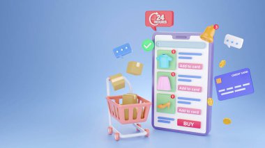 3 boyutlu görüntüleme. Sosyal medya uygulamasında online alışveriş kavramı. 3D akıllı telefon, kredi kartı, alışveriş arabası, sohbet mesajı, teslimat, 24 saat, ve ikon gibi. Dijital mağazaların tanıtımı için uygun