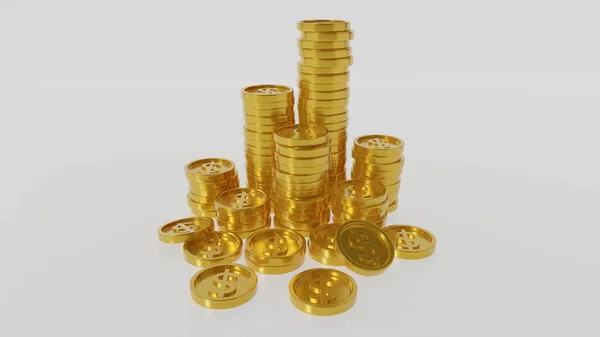 3D渲染 一堆堆白色背景的金币 带有盈利概念 金币或业务货币 — 图库照片