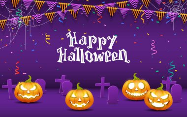 Mutlu Cadılar Bayramı. 3 boyutlu illüstrasyon balkabağı şeker ya da aldatmacalı fantezi parti kutlaması mor arka plan tasarımı.