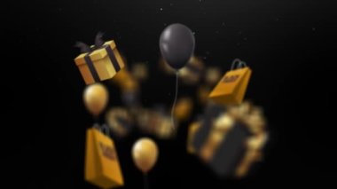 Kara Cuma indirimli animasyon. Motion zoom siyah cuma mesaj ve alışveriş çantası, balon, hediye kutusu. 4K video